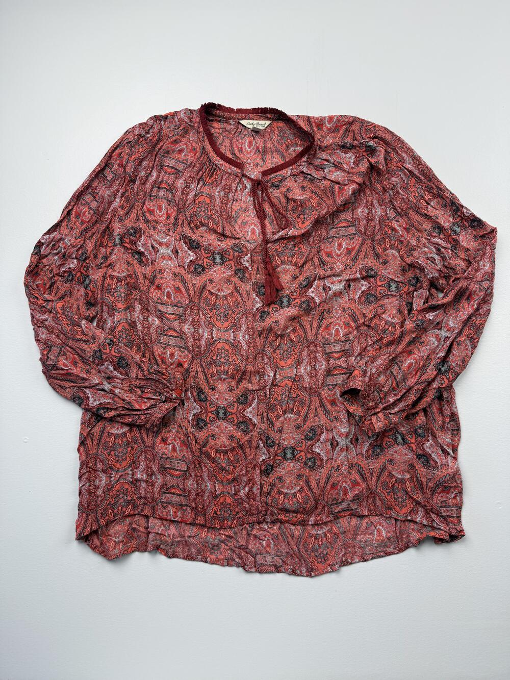 Lucky Brand Blouse Womens XL Red Paisley Long Sleeve Sheer Tunic Top Boho